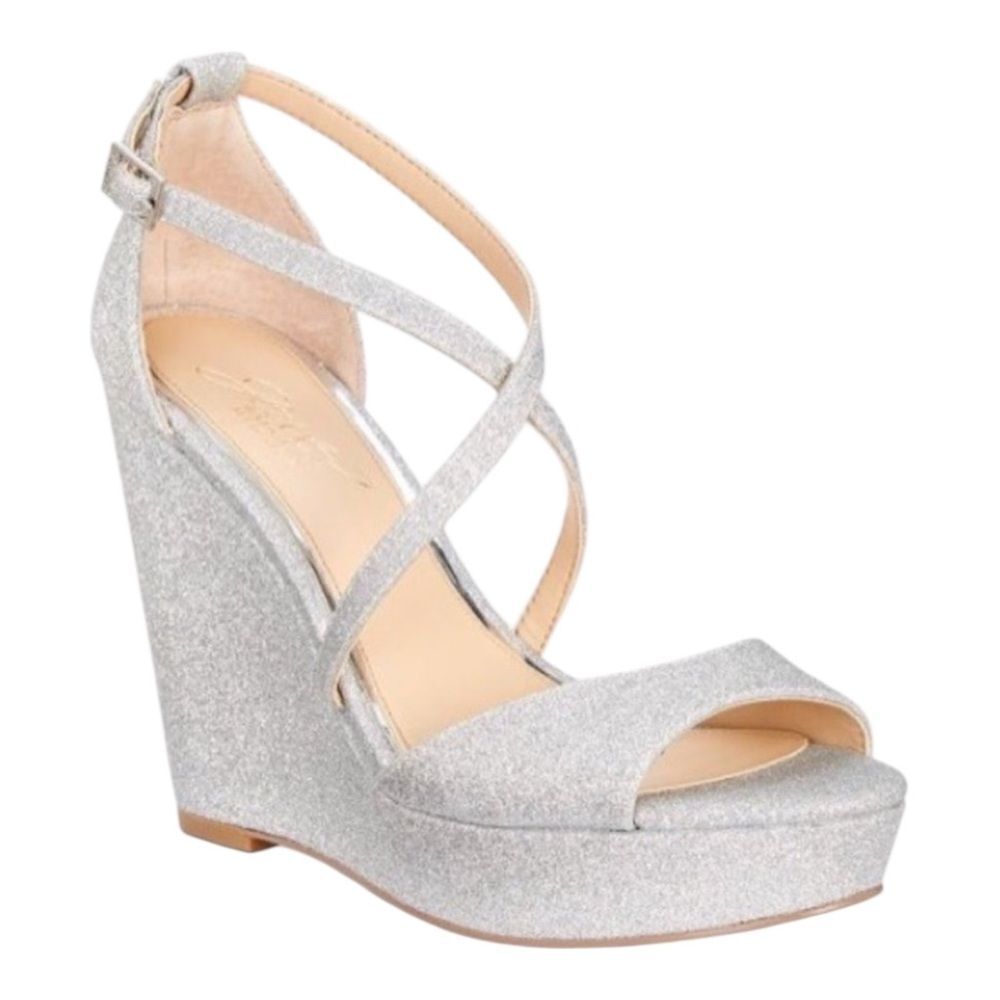 Jewel Badgley Mischka Averie Evening Sandal Heels Silver Glitter 8.5M New